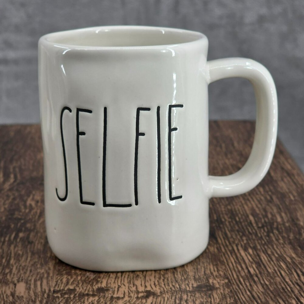 Rae Dunn SELFIE Large Letter Mug Coffee Tea Cocoa Farmhouse Cream Black Magenta